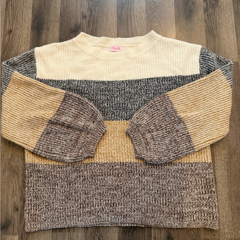 Pink Lily Neutral Color Block Knit Sweater - Striped Balloon Sleeve Pullover L